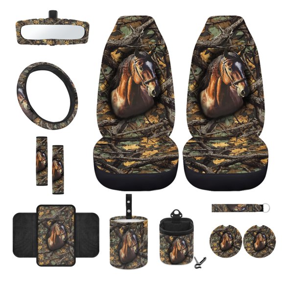 Renewold Horse Camo Hunting Forest Car Seat Cover Set 12 PCS with Steering Wheel Cover Seat Belt Pad Armrest Cover Garbage Bin Air Vent Pocket Rearview Mirror Cover Coaster Keychain