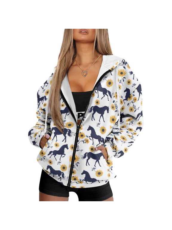 Horse Sunflower Womens Oversized Hoodies Full Zip Up Long Sleeve Fleece Sweatshirts Oversized Pullover Cardigan Sweaters Loose Fit Workout Jackets Fall Clothes with Pockets, XXL