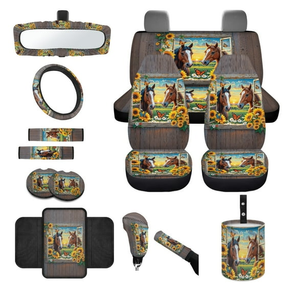 Renewold Horse Wood Grain Sunflower Car Seat Cover Full Set with Steering Wheel Seat Belt Pads Coasters Waste Bin Armrest Pad Cup Holders Rearview Mirror Handbrake Cover Set, 14 PCS