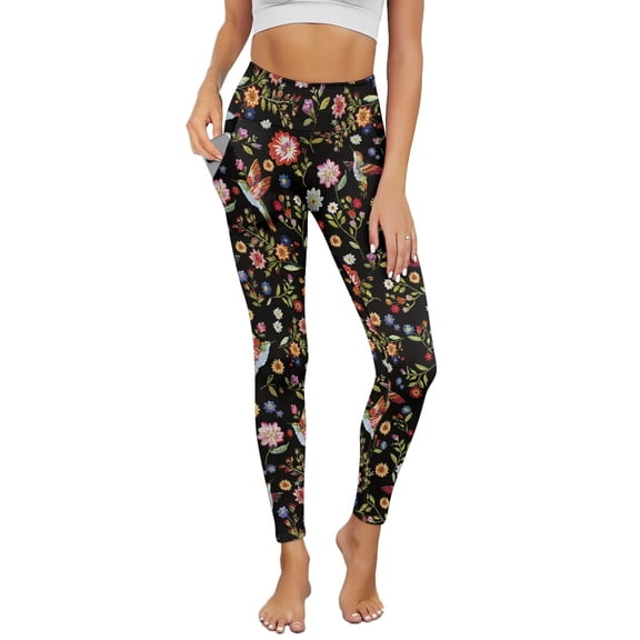Renewold Hummingbird Floral Black Womens Yoga Pants with Pockets High Waisted Womens Leggings Cute Exercise Yoga Leggings Opaque Activewear Lightweight Ankle Leggings, 3XL