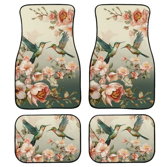 Renewold Hummingbird Floral Retro Rubber Car Floor Mats 4 Pieces, Universal Fit Front & Rear Auto Rugs Full Set, Protect Your Vehicle's Interior for Car SUV Van & Trucks
