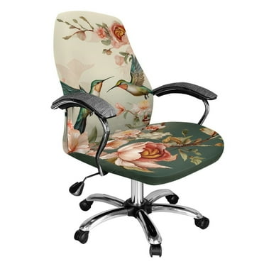 Renewold Hummingbird Flower Beige Office Chair Cover Universal Stretch Desk Chair Cover with Elastic Bottom Removable Office Computer Chair Cover for Armrest Chairs Home Office Decor, L