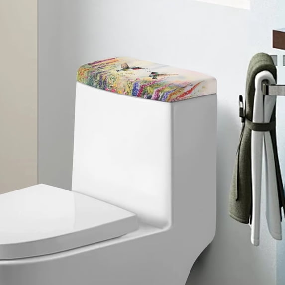 Renewold Hummingbird & Lavender Print Toilet Tank Lid Cover, Elastic Universal Toilet Tank Lid Cover Protector for Bathroom, Dust-proof, Machine-Washable