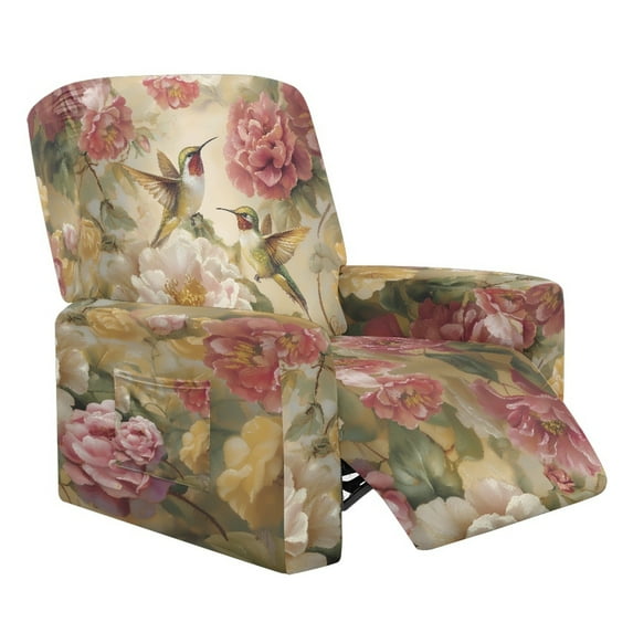Renewold Hummingbird Peony Flower Large Recliner Cover Anti-Slip Recliner Chair Cover 4 Pieces Reclining Seat Cover with Elastic Bottom and Pocket for Pets, Dogs, Cats, Kids