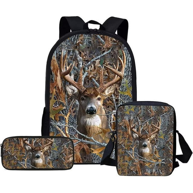 Renewold Hunting Deer Backpack Boys School Bookbag Set with Crossbody Purse 3 In 1 Camo Tree