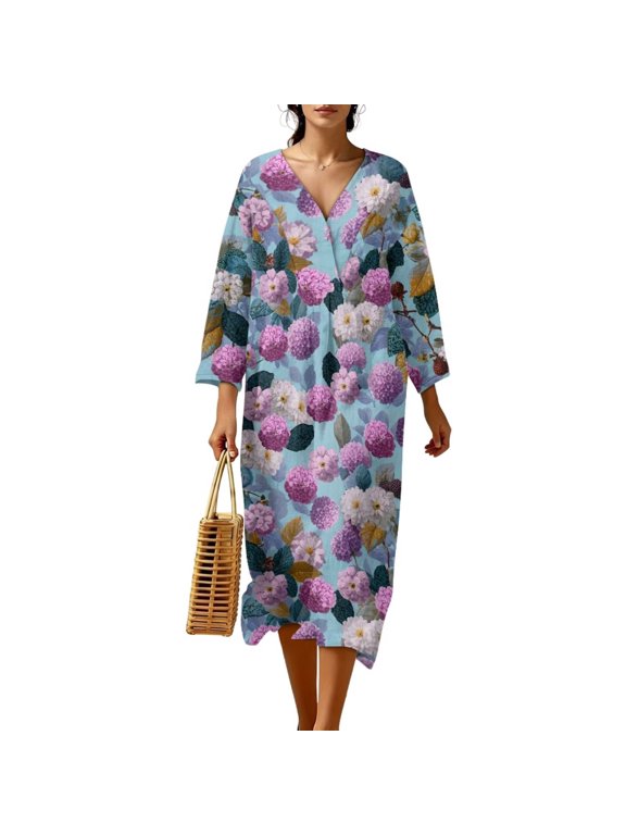 Hydrangea Flower Print Vacation Dress for Womens Loose Baggy Breathable Midi Dress V Neck Floral Casual Dresses Women Summer Bathing Suit Cover Up, L