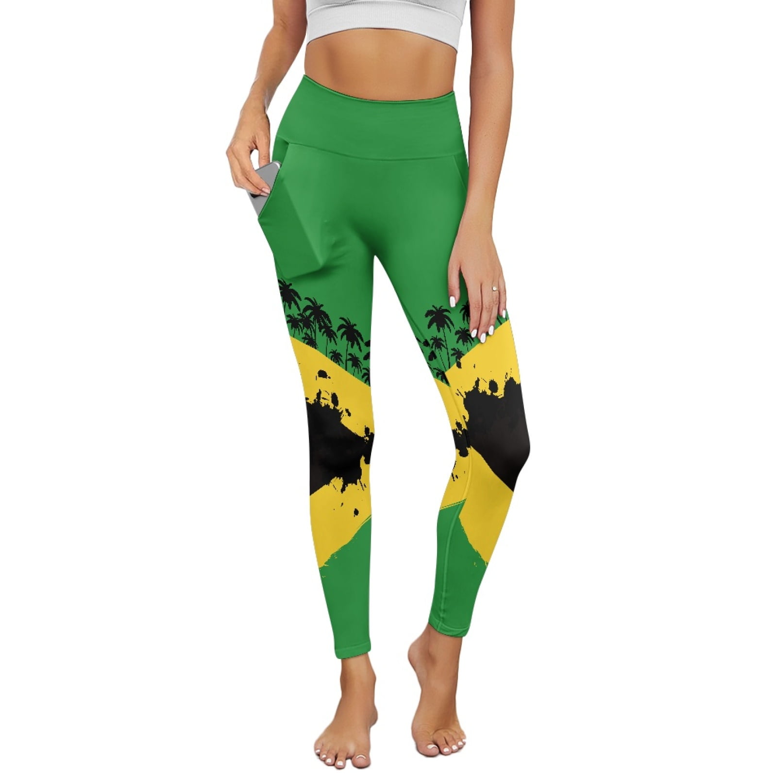 Renewold Jamaica Flag Palm Tree Yoga Pants with Pockets for Women