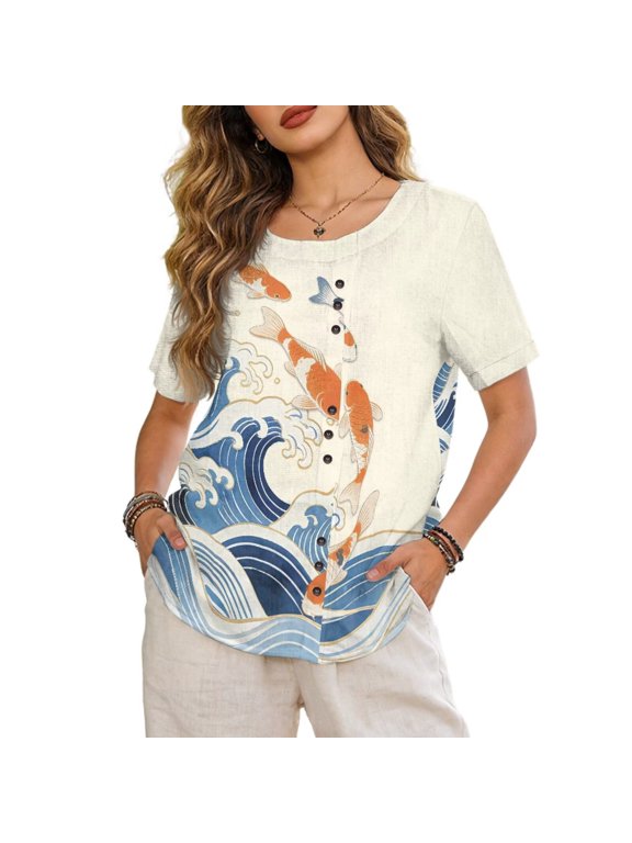 Japan Aesthetic Summer Tops for Women Blouses Casual Linen-Look Polyester Short Sleeve Tops Decorative Buttons Plus Size Short Sleeve Shirts Womens Blouses, Koi Fish Wave Print, 3XL