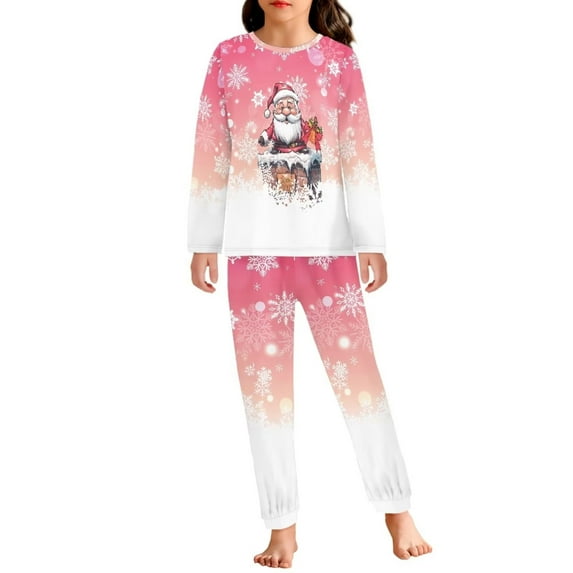 Renewold Kid's Girls Top and Pajama Set Breathable Snowflake Santa Crew Neck Loungewear Pjs 2 Pack Cozy Home Christmas Daily Wear Sleep Shirt Nightwear Size 5-6