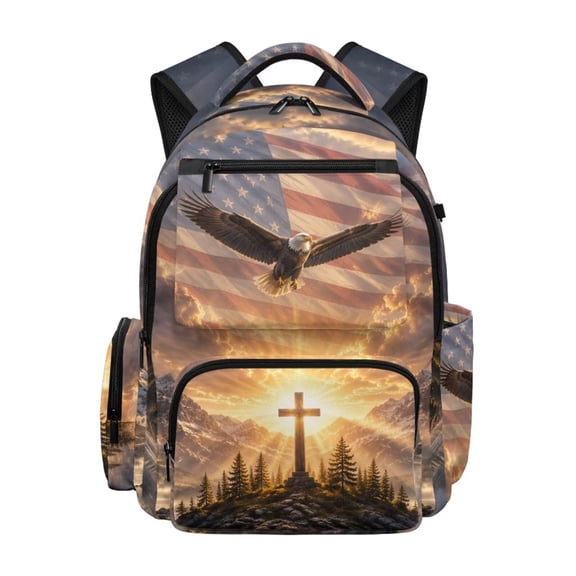 Renewold Kids Backpack for Elementary Preschool Students School Backpack with Multiple Pockets and Compartments Lightweight Shoulder Bag for Women Men, American Flag Eagle Cross Print