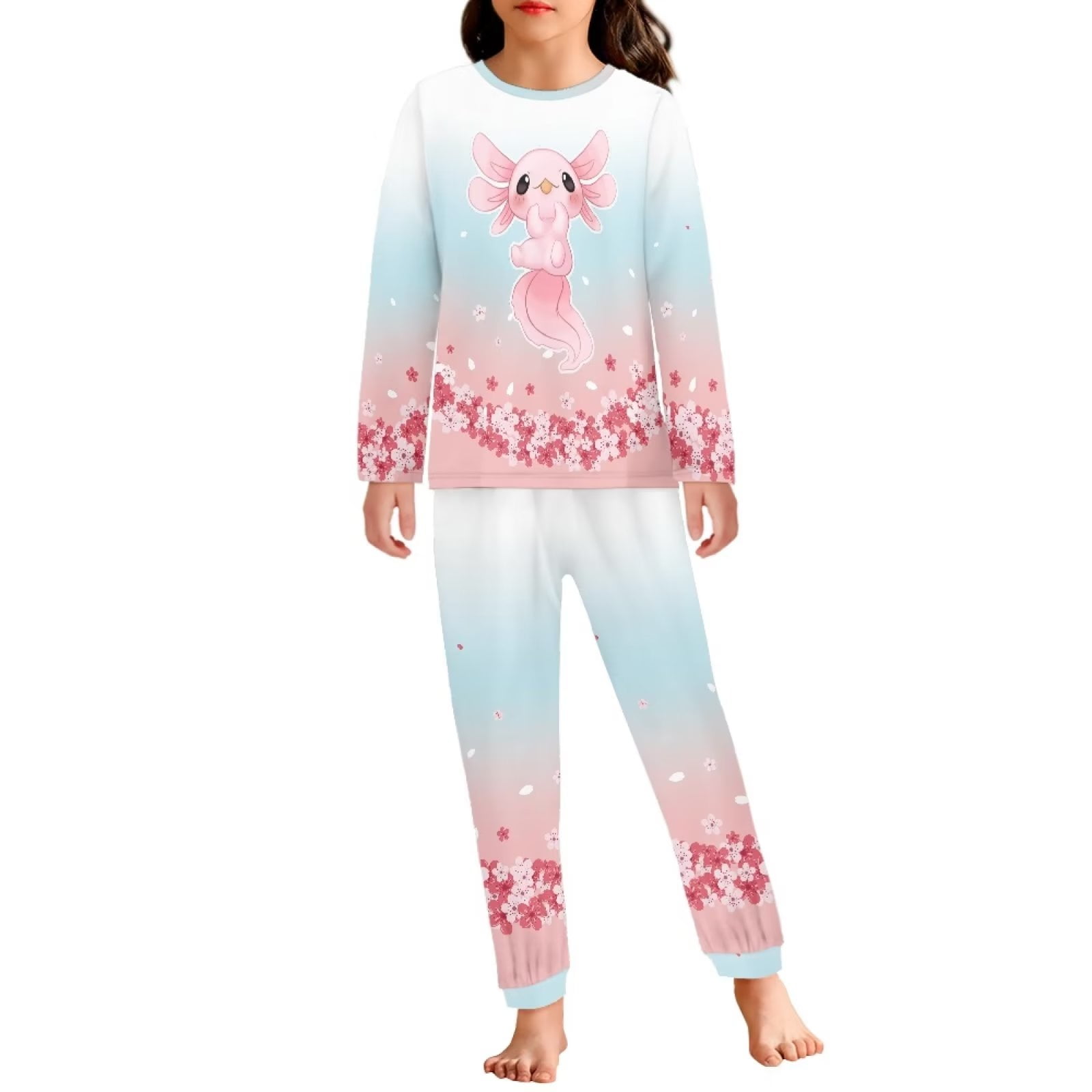Renewold Kids Durable Pajamas Set 2 Pieces Cherry Blossom Axolotl Pjs Top  Blue Pink Lounge Wear Thermal Scoop Neck Sleepwear Athletic Clothing Size  7-8 