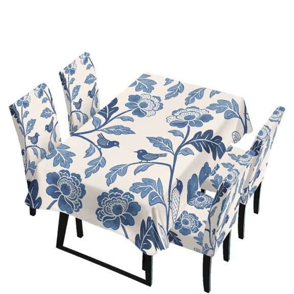 Renewold Kitchen Chair Covers 5 PCS, Dining Chair Slipcovers with Tablecloths, Dust Proof Scratch Resistant Table Cloth Seat Protector for Home Restaurant Decor, Chinese Retro Floral Bird Print