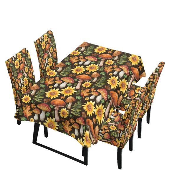 Renewold Kitchen Chair Slipcovers 5 PCS, Dining Chair Covers with Table Cover, Dust-proof Tablecloths Scratch Resistant Seat Protector for Restaurant Hotel, Mushroom Sunflower Fern Leaf