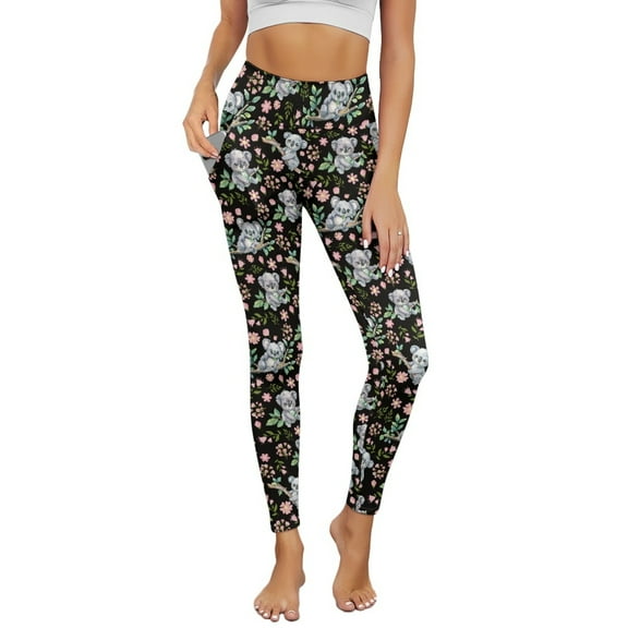 Renewold Koala Flower Black Leggings for Women with Pockets Running Pants Tight High Waisted Spandex Graphic Leggings Trendy Essential Leggings Scrunch Butt Lifting, 3XL