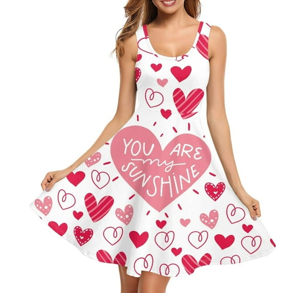 Renewold Ladies Tank Top Summer Dresses Pink Heart Athletic Activewear Valentine's Day Womens Scoop Neck Sleeveless Midi Dress Comfy Pleat Dress Size 2XL
