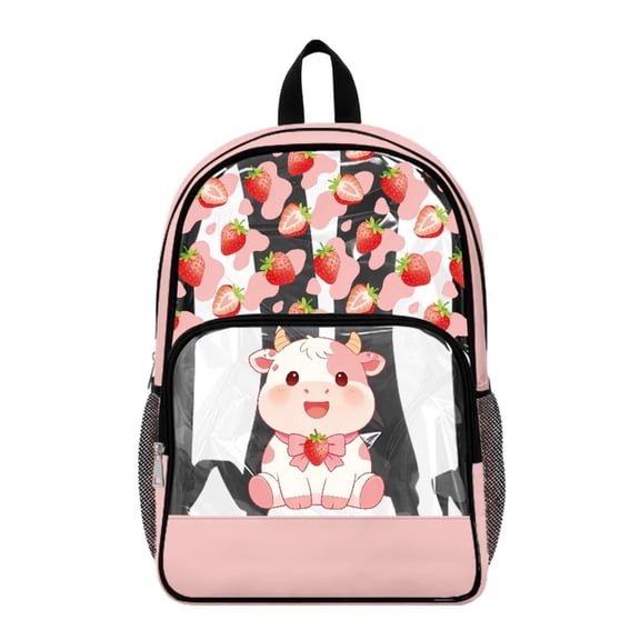 Renewold Laptop Backpack 17 Inch Adjustable Shoulder Straps Clear Backpack Large Capacity PVC Bag for Boys Girls Teen Bookbag for School Travel Stadium Concerts, Cow Strawberry Print Pink