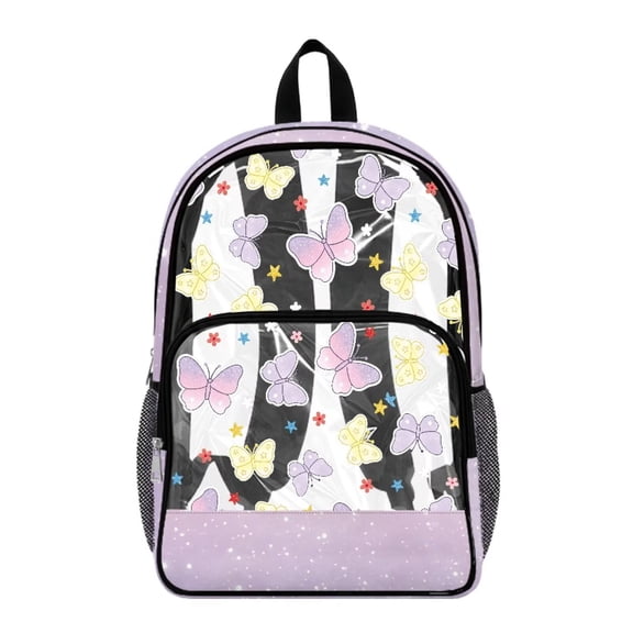 Renewold Laptop Backpack 17 Inch Adjustable Shoulder Straps Clear Backpack Large Capacity PVC Bag for Boys Girls Teen Bookbag for School Travel Stadium Concerts, Violet Bow Star Flower Print