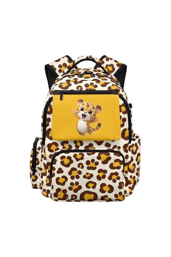 Laptop Backpack with Multiple Pockets Kids Backpack with Padded Shoulder Straps 17 In Schoolbag Back to School Supplies for Elementary Students, Cartoon Leopard Print Beige Brown
