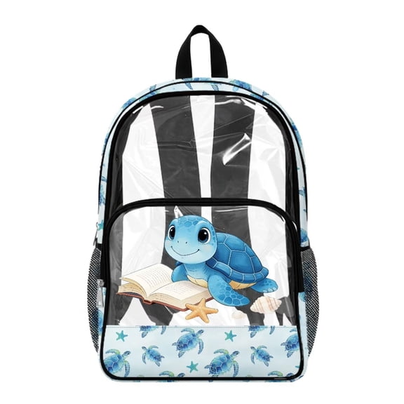 Renewold Large Backpack for College Students Wide Shoulder Straps Clear Bookbag PVC See Through Bag Laptop Backpack for Stadium Sports Events Work, Blue Sea Turtle Starfish Print