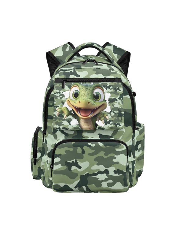 Large Backpack for Middle High School Student Boys and Girls Backpack with Multiple Pockets 17'' Back to Laptop Bag with Padded Shoulder Laptop Bag, Crocodile Camo Print Green