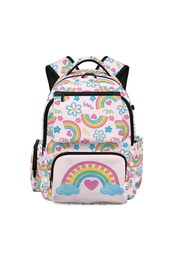Large Backpack for Primary Kindergarten Student Girls Backpack with Multiple Pockets 17'' Back to School Bag with Padded Shoulder Schoolbag, Rainbow Flower Print Pink