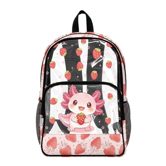 Renewold Large Capacity Backpack 17 Inch PVC Clear Backpack with Side Pockets Clear Bookbag for Boys Girls Teen Shoulder Bag for College Workplace Concerts, Pink Axolotl Strawberry Flower Print