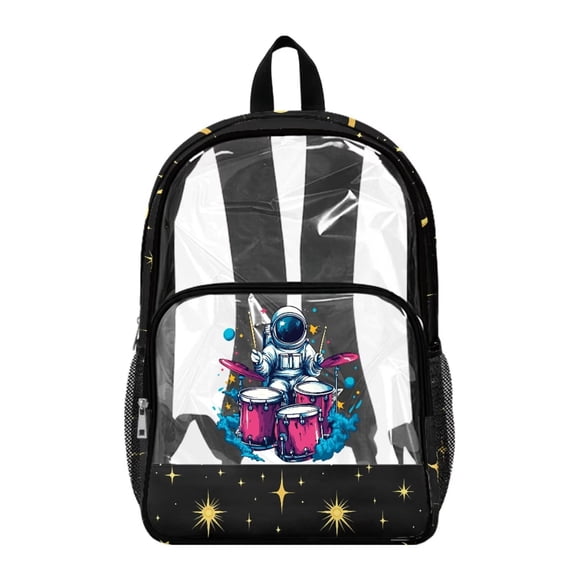 Renewold Large Capacity Backpack 17 Inch PVC Clear Backpack with Side Pockets Stadium Clear Bookbag for Boys Girls Kids Teen Shoulder Bag for College Concerts, Astronaut Drum Set Star Print Black