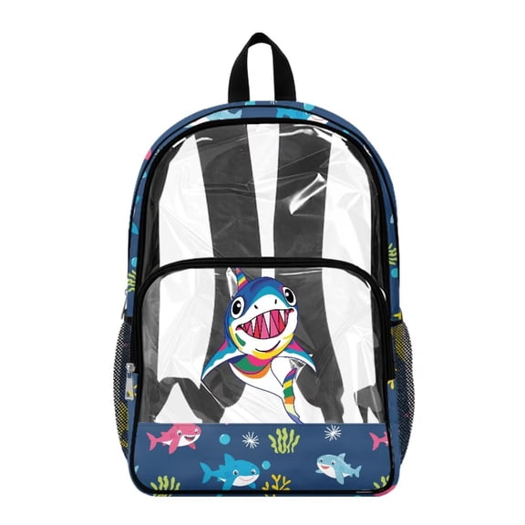 Renewold Large Capacity Backpack 17 Inch PVC Clear Backpack with Side Pockets Stadium Clear Bookbag for Boys Girls Kids Teen Shoulder Bag for College Workplace Concerts, Shark Waterweed Print Blue