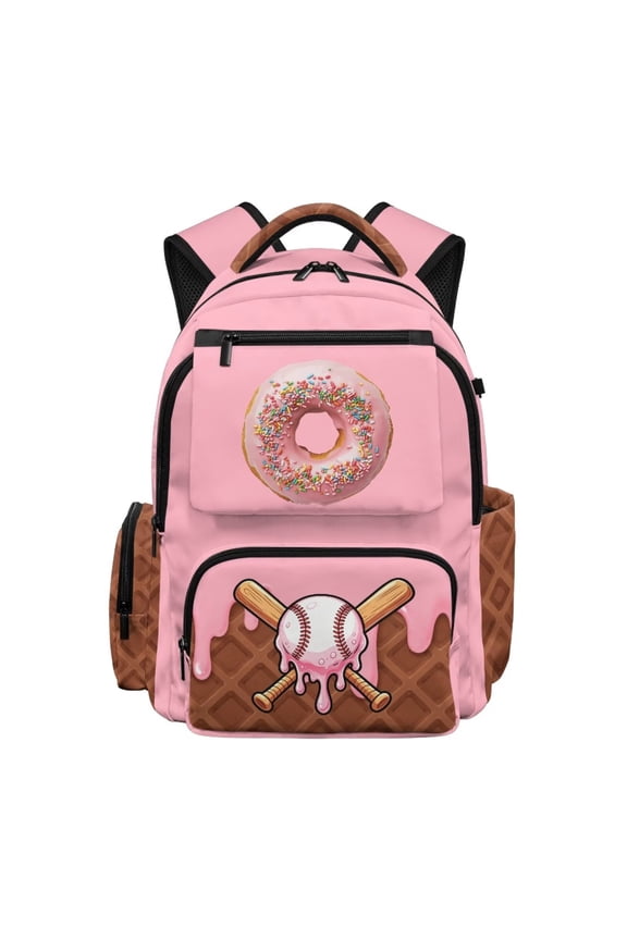 Large Capacity Backpack for School Travel Park Picnic Multi-pocket School Backpack for Primary Kindergarten Students Back to School Bag 17 Inch, Baseball Drip Donut Print Pink Brown