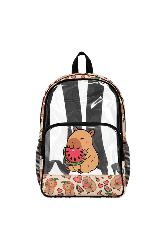 Large Capacity Backpack for Travel Wide Shoulder Straps Clear Bag Laptop Backpack See Through School Bag for School Workplace, Capybara Watermelon Orange Heart Print