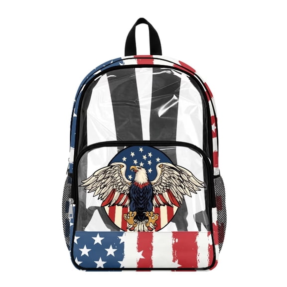 Renewold Large Capacity Clear Backpack with Side Pockets 4th of July Bag for Kindergarten Elementary Primary School Bookbag Transparent Backpack, American Flag Eagle Print