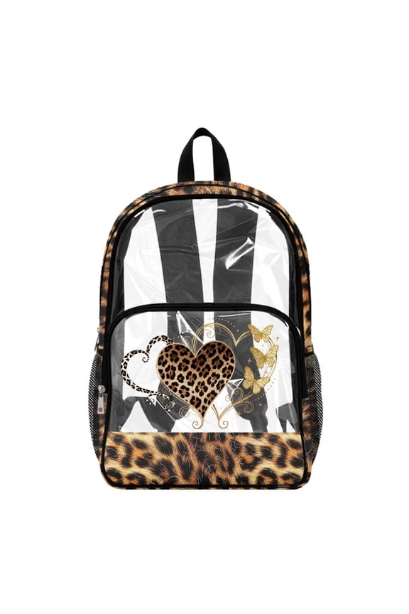 Large Clear Backpack with Side Pockets Adjustable Straps See Through Bag School Bookbag Travel Backpack for Kindergarten Elementary Primary, Butterfly Heart Leopard Print