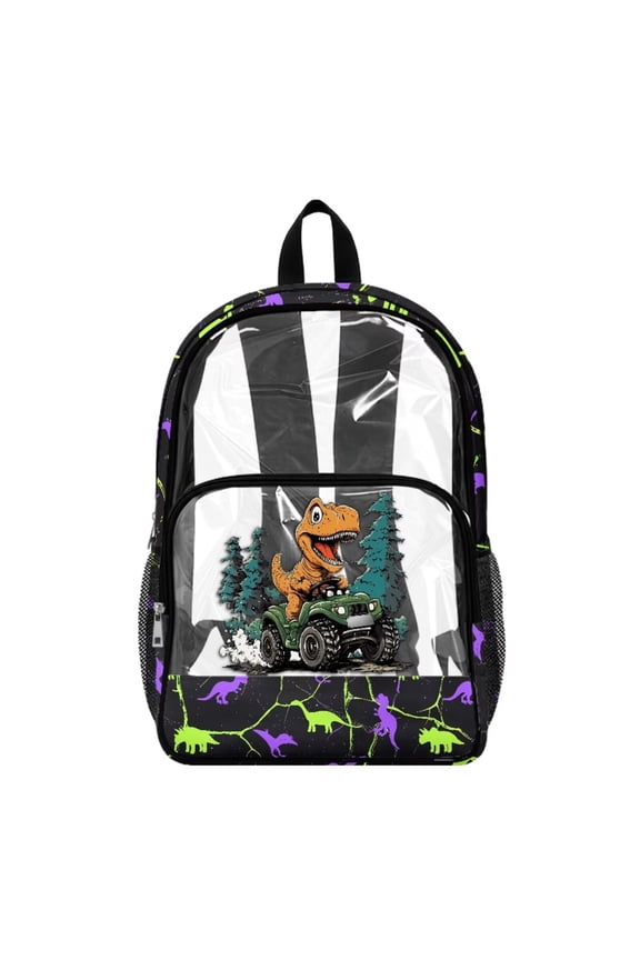 Large Travel Backpack Wide Shoulder Straps Large Clear Shoulder Bag T-Rex Pattern PVC Transparent Backpack with Side Pockets Comfy Bookbag for Student, Dinosaur Car Tree Print