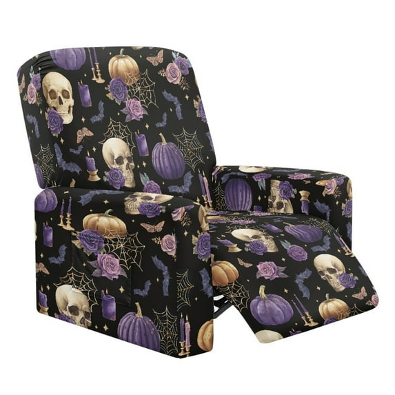 Renewold Lazy Boy Recliner Chair Cover Skull Rose Pumpkin Bat Spider Web Print Sofa Cover 4 Pieces Breathable Soft Single Seat Couch Slipcover with Pocket for Living Room Halloween Decor