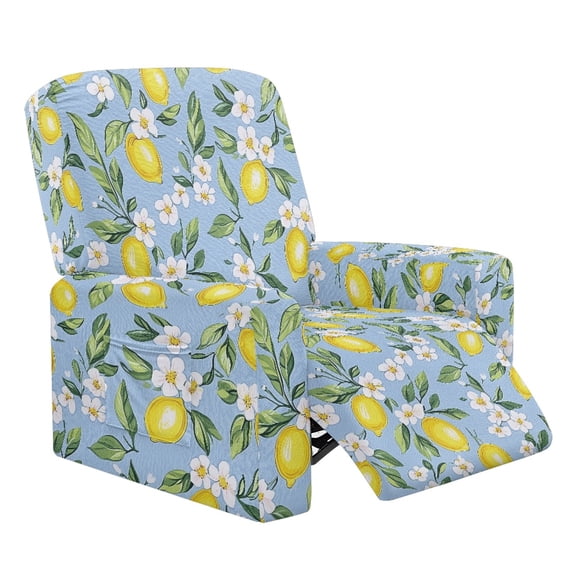 Renewold Lemon Flower Blue Reclining Sofa Cover Universal Stretch Sofa Recliner Cover 4 Pieces Recliner Couch Slipcover Polyester Spandex Furniture Protector for Kids, Pets