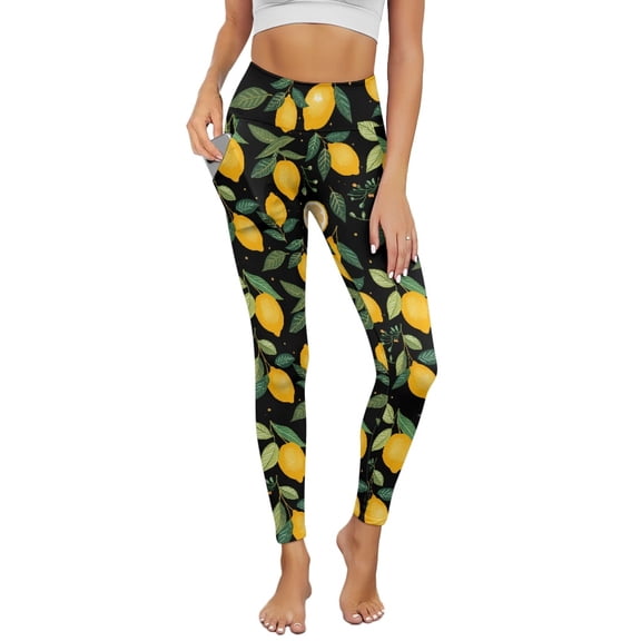 Renewold Lemon Leaf Black Leggings with Pockets for Women Athletic Tights Compression Leggings High Waisted Butt Lifting Printed Pants Comfy Womens Yoga Leggings, XS