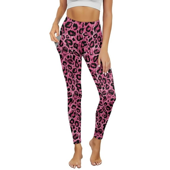 Renewold Leopard Print Dark Pink Womens Yoga Leggings with Pockets Workout Leggings Ankle Pants Full Length High Waisted Slim Running Pants Non See-Through Printed Tights, XL