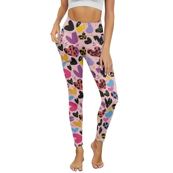 Renewold Leopard Print Love Pink Yoga Leggings with Pockets for Women Athletic Pants High Waist Ultra Soft Hip Lift Ankle Pants Printed Leggings 4 Way Stretch Plus Size, XL