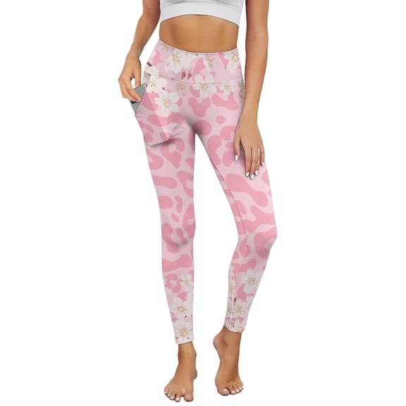 Renewold Leopard Print Pink Cherry Blossom Pocket Yoga Pants for Women Active Yoga Leggings Butt Lifting Elastic Essential Leggings Lightweight Sportswear Running Tights Ankle Pants, S