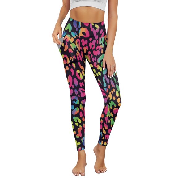 Renewold Leopard Print Pink Green Yoga Leggings for Women with Pockets Stretchy Fashion Exercise Yoga Pants High Waisted Full Length Graphic Pants for Running Cycling Yoga, XXL