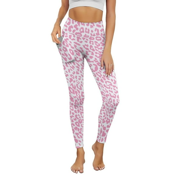Renewold Leopard Print Pink White Yoga Leggings with Pockets for Women Thick Exercise Yoga Pants High Waisted Soft Slim Ankle Pants Printed Leggings 4 Way Stretch Leggings, XL