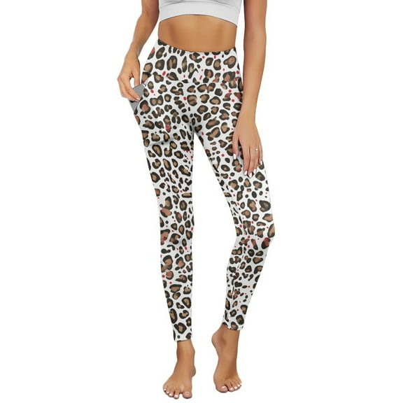 Renewold Leopard Print White Brown Womens Yoga Pants with Pockets High Waisted Womens Leggings Fashion Exercise Yoga Leggings Lightweight Activewear Printed Ankle Leggings, S