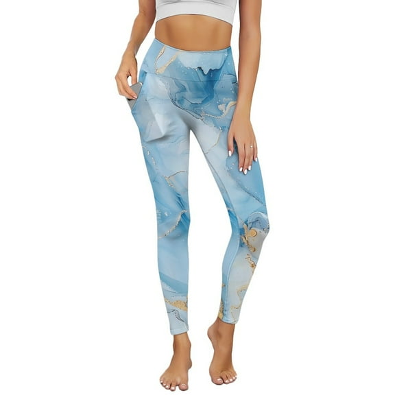 Renewold Light Blue Marble Womens Yoga Pants with Pockets High Waisted Womens Leggings Cute Exercise Yoga Leggings Opaque Activewear Lightweight Ankle Leggings, XL
