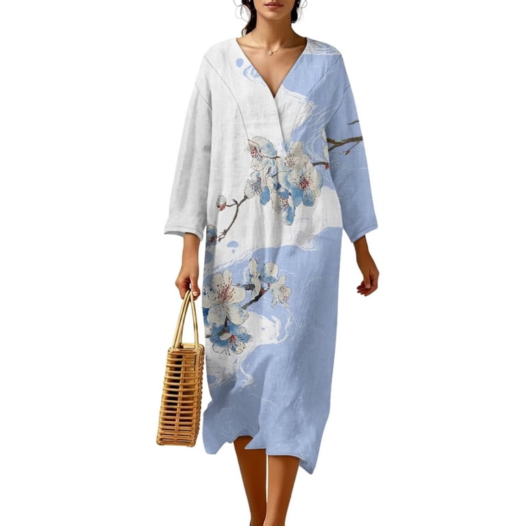 Renewold Light Blue White Apricot Blossom Aesthetic Tunic Dresses for Women Casual Dress Long Sleeve V Neck Oriental Graphic Maxi Dress Loose Swing