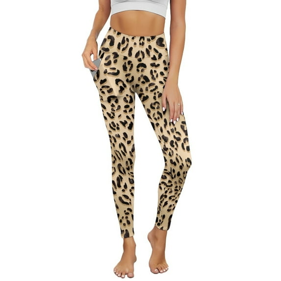 Renewold Light Brown Leopard Print Yoga Leggings for Women Yoga Pants with Pockets Athletic Tights Soft Basic Pants Casual Active Yoga Leggings for Workout Sports Disco Party, L