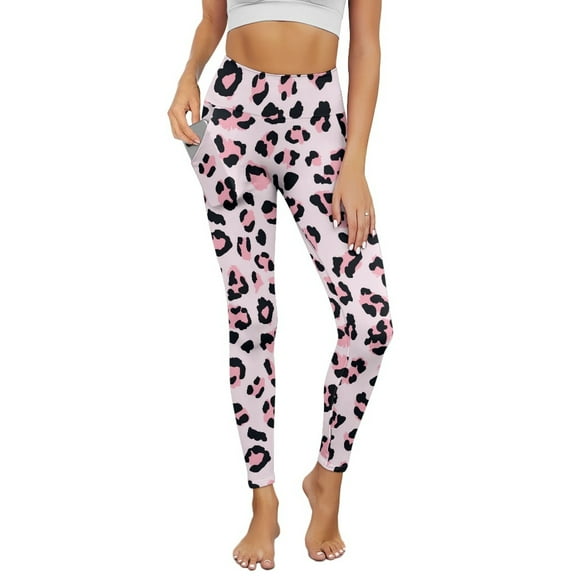 Renewold Light Pink Leopard Print Leggings for Women with Pockets Ultra Soft Running Pants High Waisted Spandex Graphic Leggings Thick Essential Pants Scrunch Butt Lifting, L