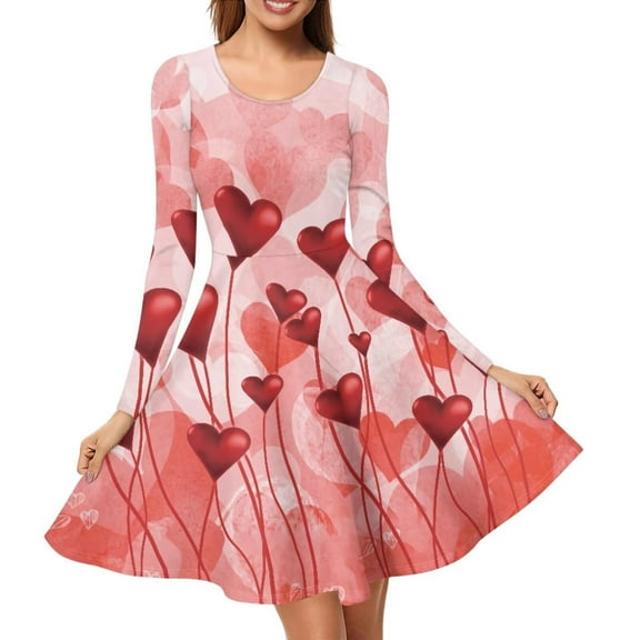 Renewold Lightweight Comfy Pleat Dress Going Out Vacation Dresses Size 4XL Valentine's Day Red Hearts Long Sleeve Twirly Skater Dress for Women Casual Flared Dress