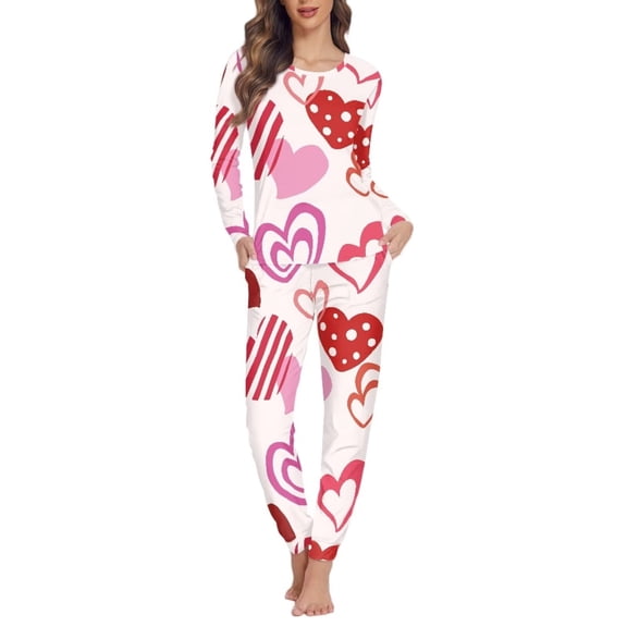 Renewold Lightweight Nightwear for Women Pajama Set Size L Heart Sweatsuit Jogger Sweatpants Buttom 2pcs Valentine's Day Skin Friendly Scoop Neck Lounge Wear