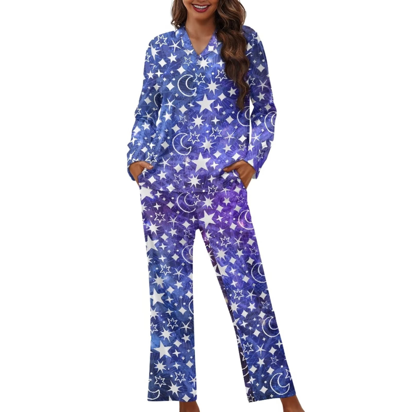 Renewold Lightweight Purple Pjs for Women Moon Stars Graphic Button-Down  Pajama Shirt Set of 2 Thermal Loungewear Casual Sweatsuit Soft Round Neck