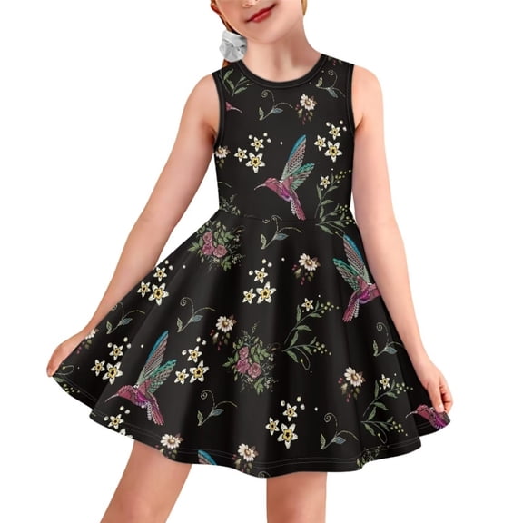Renewold Lightweight Sleeveless Dress for Teens Hummingbird Flower Swing Twirl Dress Special Occasion Daily Midi Dress Fashion High Waistline Tank Dress for 9-10T Girls